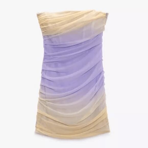 Zara Gradient Ruched Front Strapless Tulle Mini Dress Lilac/Yellow Women's Sz S - Picture 2 of 9